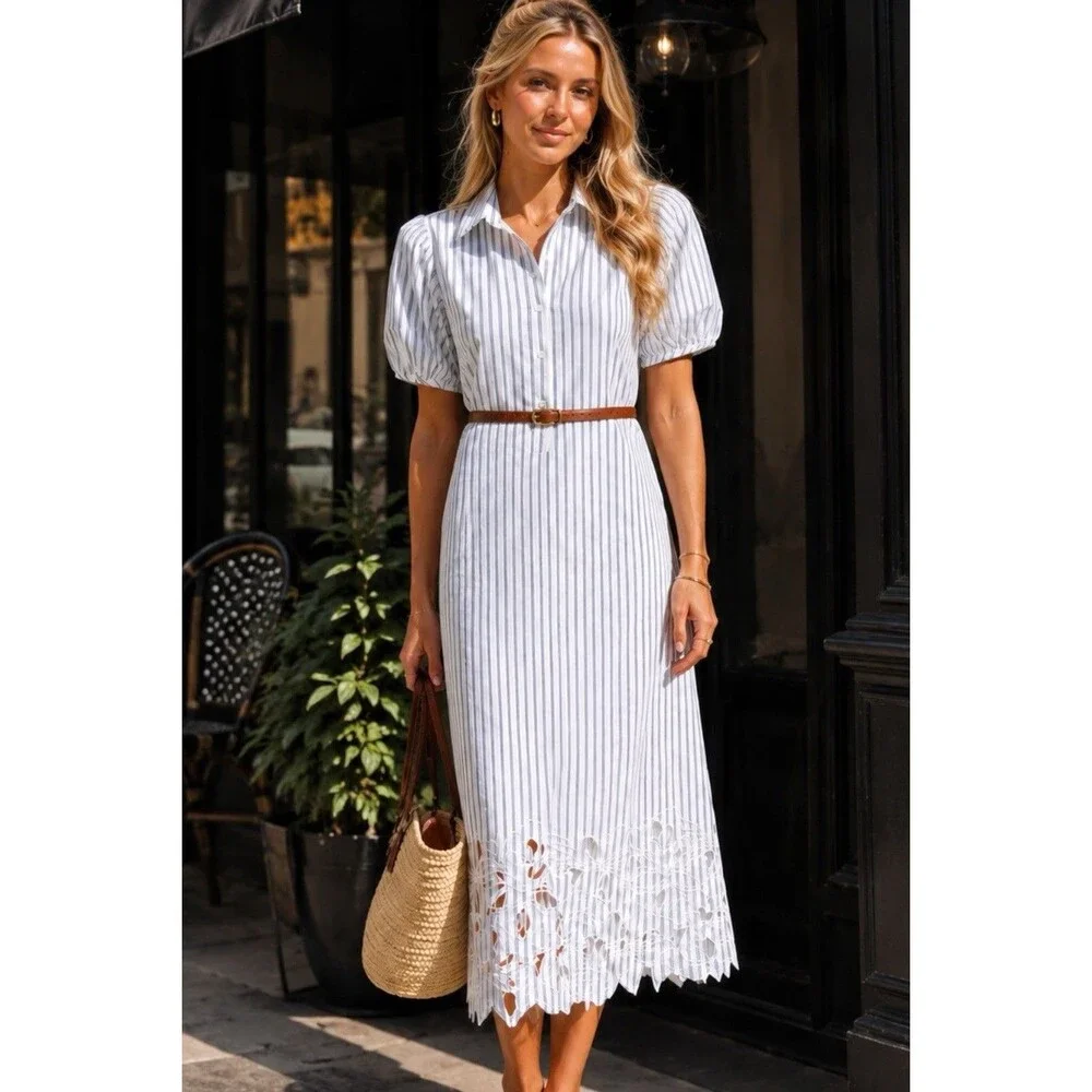 J Crew Shirt Dress Womens 6 Blue White Striped Cotton Poplin Embroidered